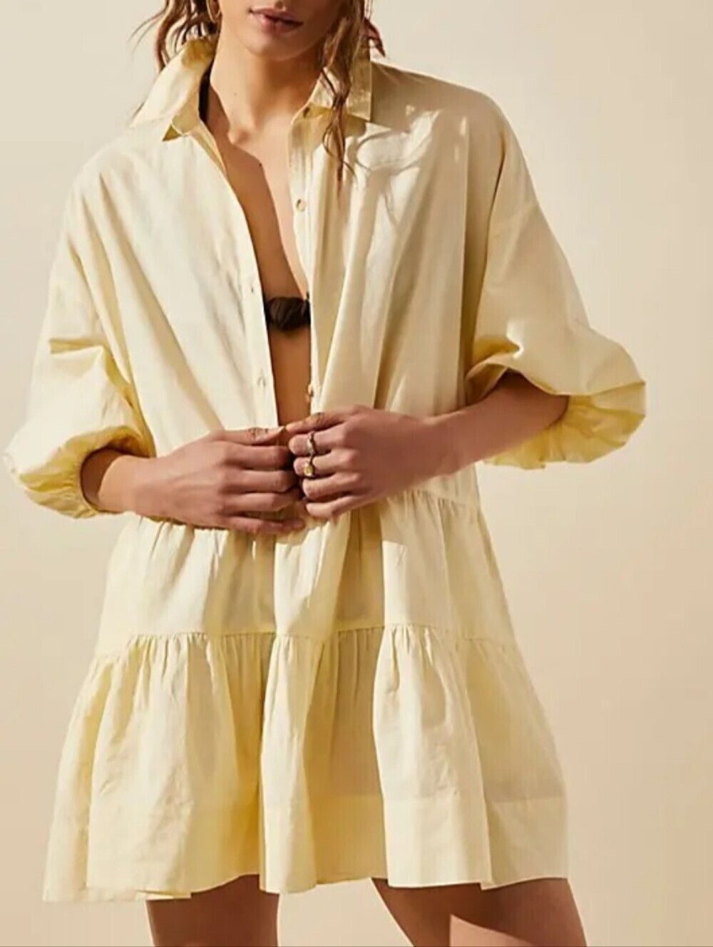 Free People Misha Baby Doll Tiered Mini Shirt Dress Oversized Cotton